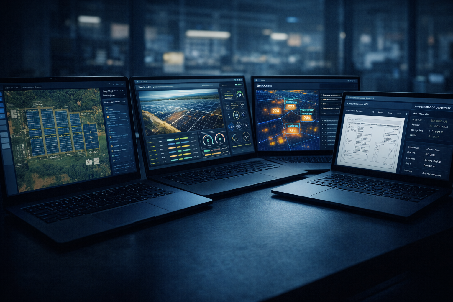 Multiple laptop screens showing different platform modules in a dark office
