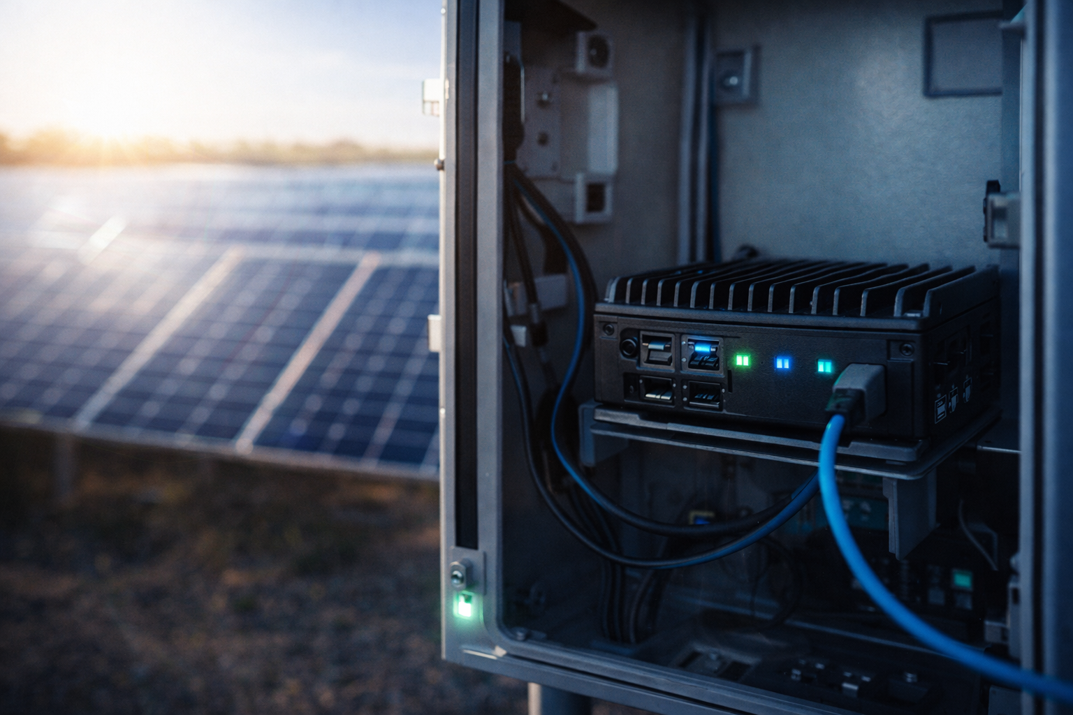 Edge computing device mounted in weatherproof enclosure at a solar site with status LEDs