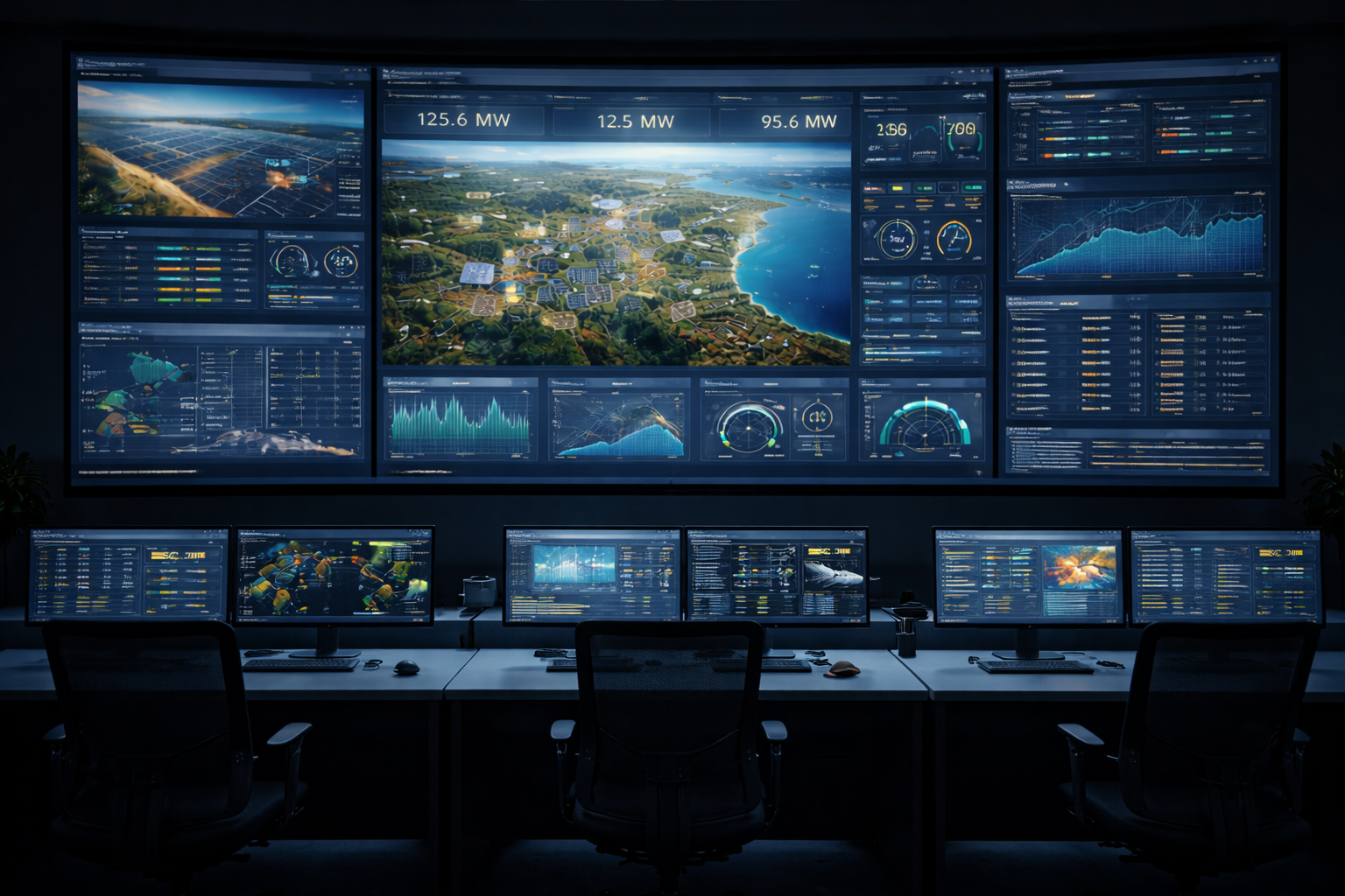 State-of-the-art renewable energy operations center with curved video wall