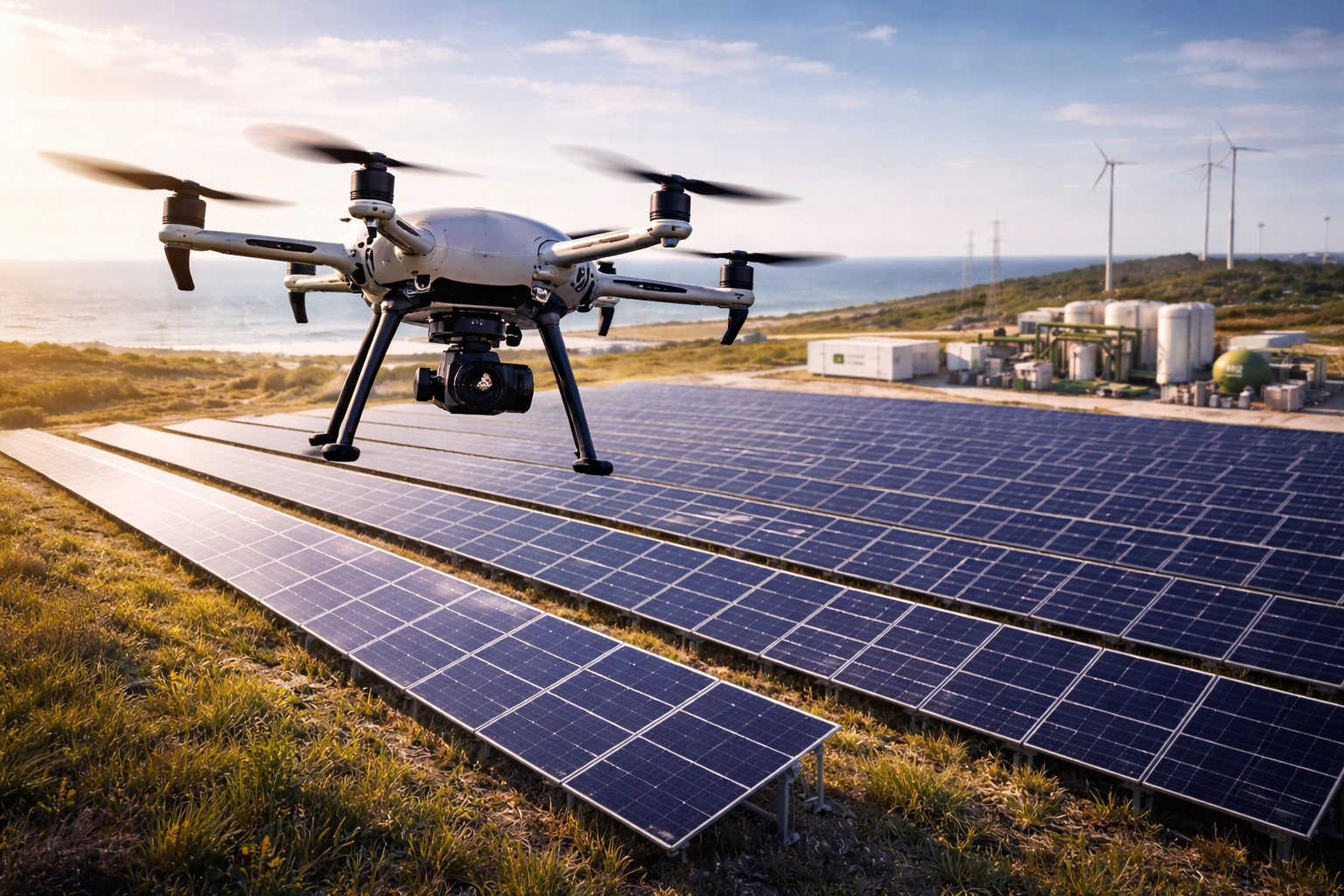 Industrial hexacopter drone with dual cameras flying over vast solar farm