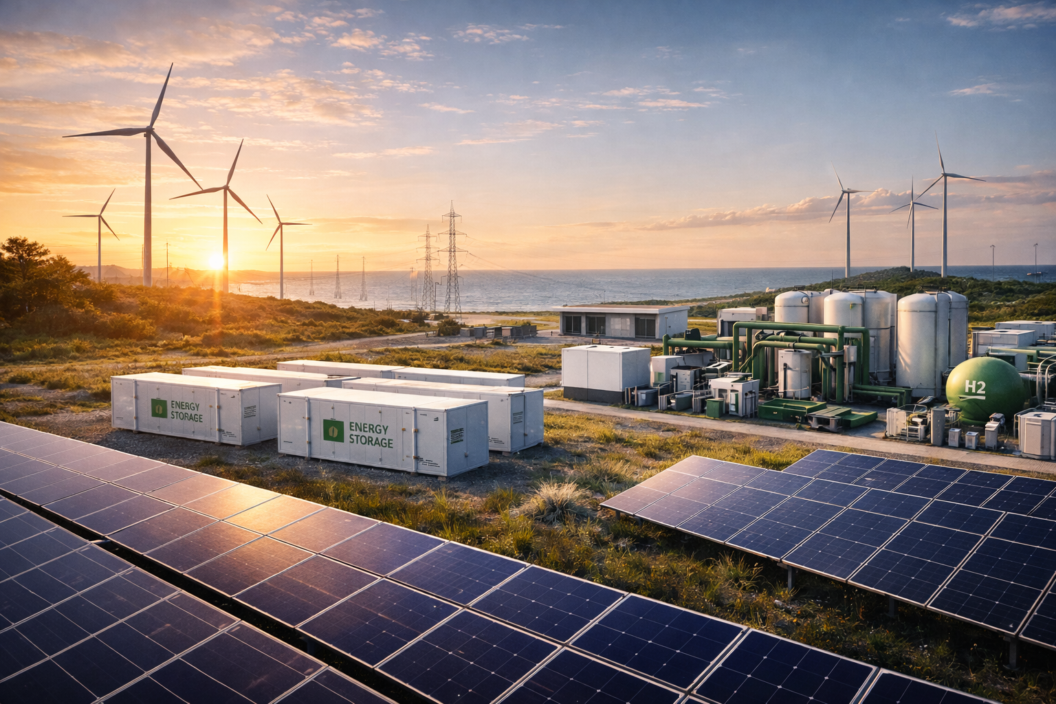 Hybrid energy park at golden hour with BESS containers and solar trackers