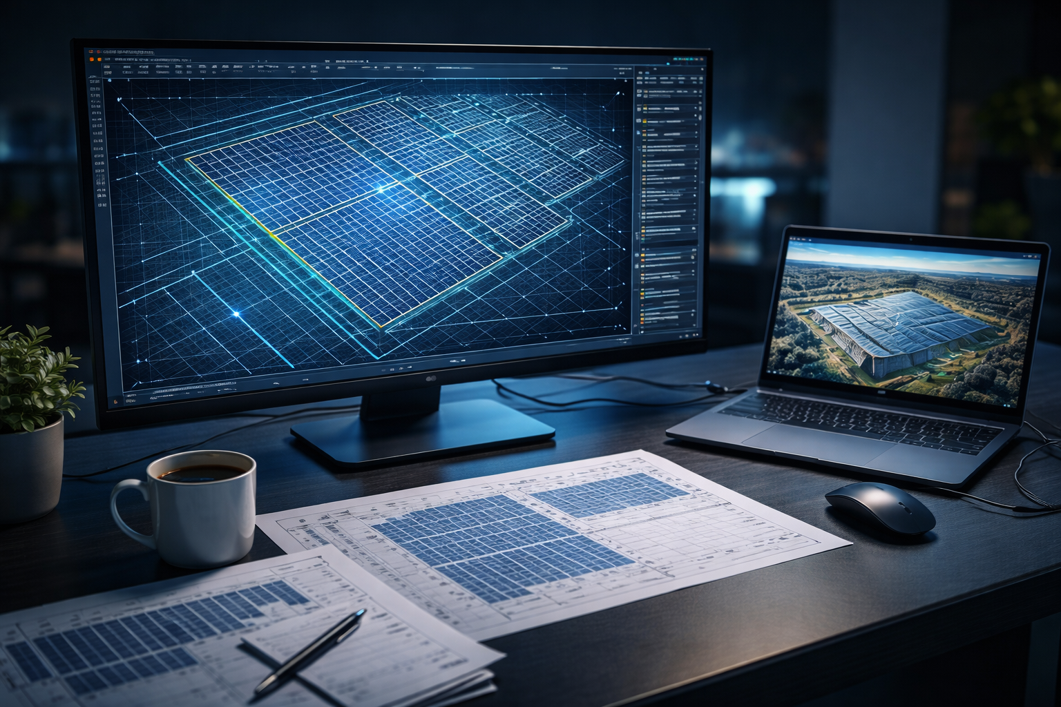 Engineer reviewing solar farm CAD layout on a high-resolution monitor with design automation software