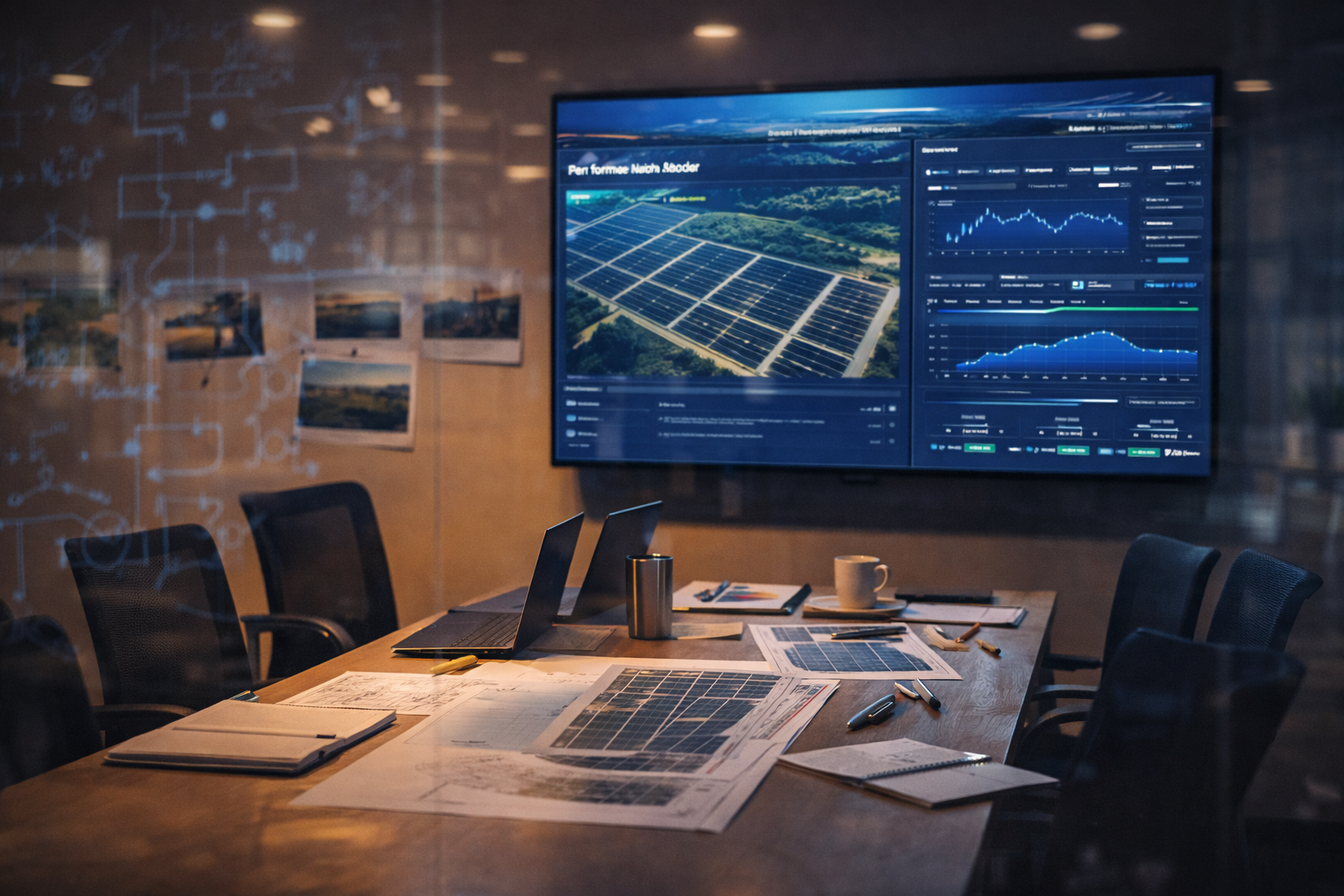 Team meeting room viewed through glass wall with solar farm design layout on screen, collaborating on platform development with solar farm data on multiple screens