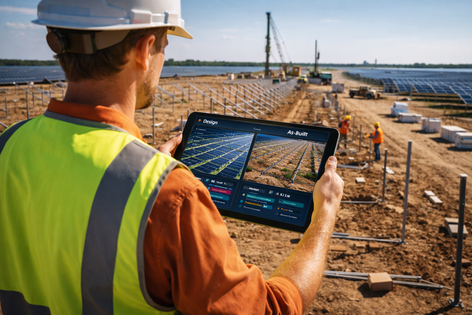 Construction site engineer with tablet overseeing solar farm installation progress
